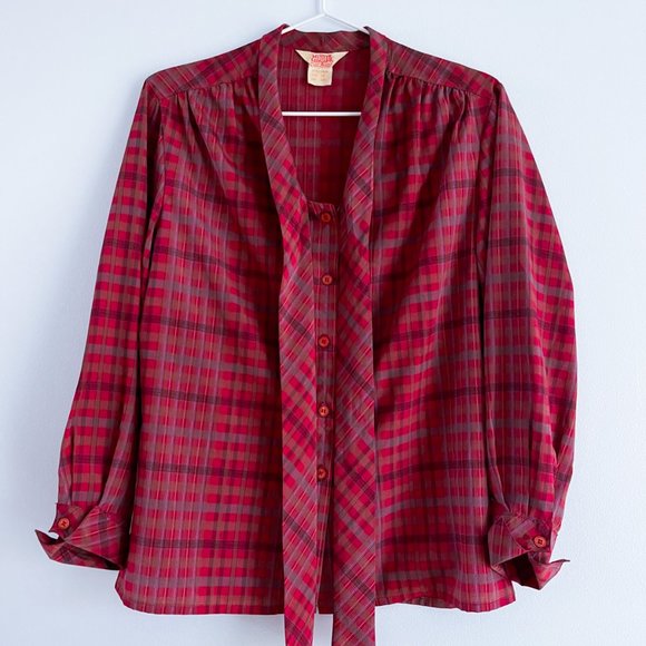 Vintage Mister Leonard  by Len Wasser Silky Red Plaid Button Blouse Faux Tie 10 - Picture 7 of 9